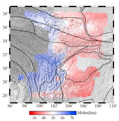 青藏高原东缘地壳厚度和平均波速比分布图